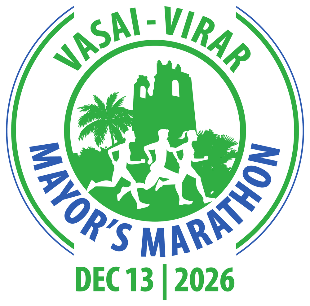 Vasai Virar Mayor's Marathon logo: three runners in front of the Vasai Fort tower, dated 13 December 2026