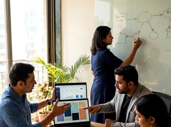 Team reviewing brand colour palettes and strategy on a whiteboard
